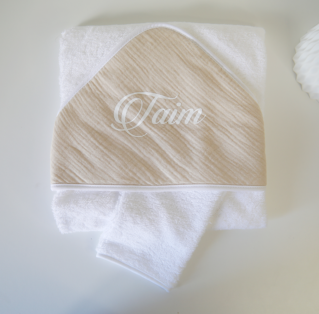 CAPE DE BAIN & GANT BÉBÉ PERSONNALISÉE EN GAZE DE COTON BEIGE