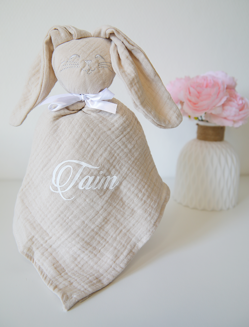 DOUDOU PERSONNALISÉ EN GAZ DE COTON BEIGE
