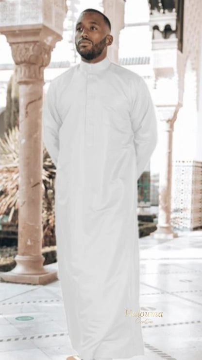 QAMIS QATARI SATINÉ BLANC POUR HOMME