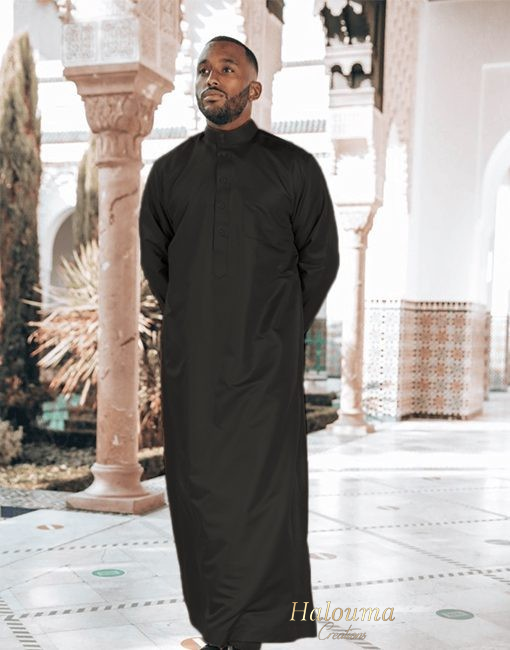 QAMIS QATARI SATINÉ NOIR POUR HOMME